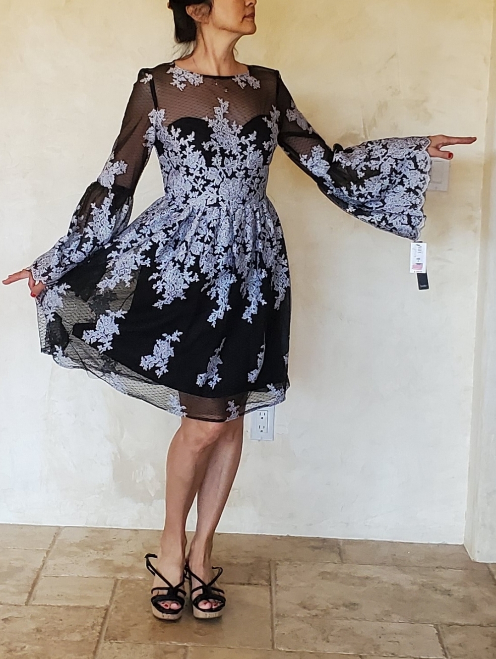 Dark Navy Blue  Dress with Silver Floral Embroidery